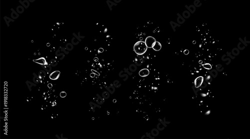 Realistic oxygen bubbles in water on a black background with fizzy sparkles and effervescent style. 