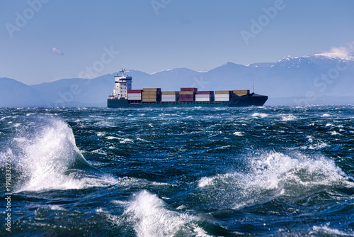 Maritime Storm Scenes with Cargo Ship, Coastal Waves and Mount Olympus in Greece