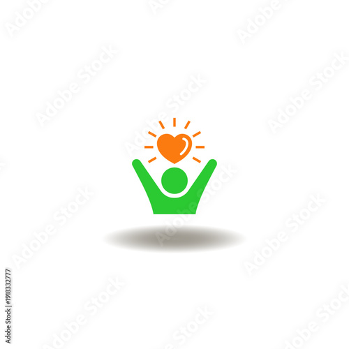 Vector illustration of man or person with hands up and shining heart. Symbol of wellness.