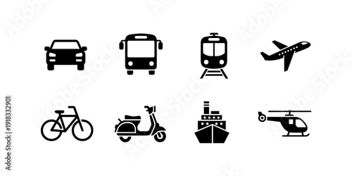 Transportation icon set featuring car, bus, train, airplane, bicycle, scooter, ship, helicopter