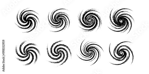 Grunge spiral collection: eight creative swirl designs in black on white
