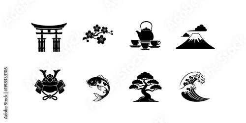 Traditional japanese icons: torii, cherry blossom, tea set, and more