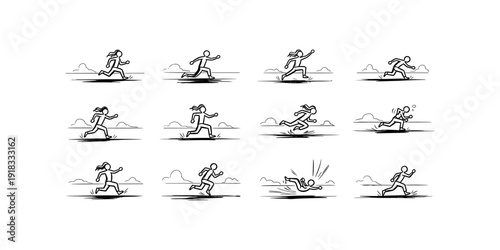 Dynamic stick figure sequence capturing running and falling moments with expressive lines