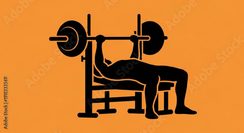Person lying on a weight bench lifting weights exercising strength training fitness workout bodybuilding gym muscular exercise equipment orange background