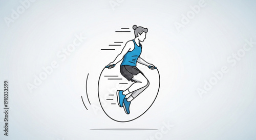 Woman in blue athletic wear jumping rope with motion lines exercising with a fitness routine on a white background