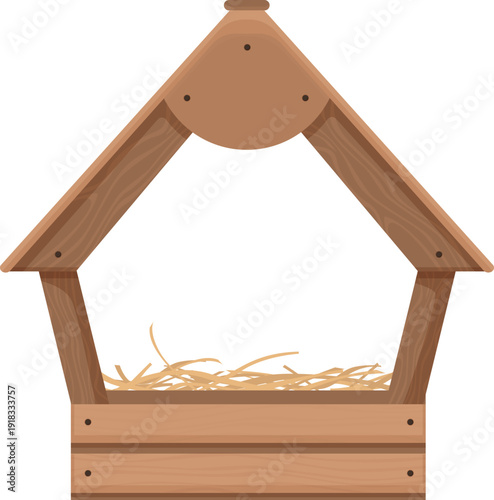 Wooden bird feeder with straw on white background.