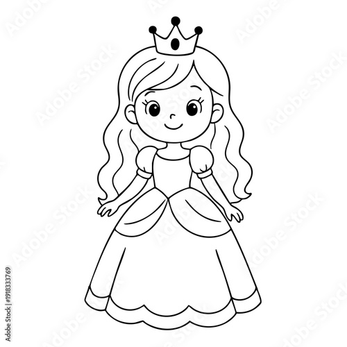 Charming hand-drawn cartoon princess wearing a golden crown and elegant white dress, smiling warmly against a plain background, perfect for fairy tale stories and children's content.