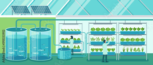 Modern Aquaponics System Illustration with Fish Tanks, Vertical Hydroponic Growing Beds, Solar Panels, and Scientists in Lab Coats for Sustainable Urban Agriculture and Eco-Friendly Food Growth.