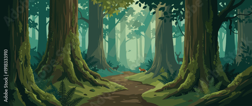 Flat vector illustration of a peaceful ancient forest trail with moss-covered trees and ferns. Sunbeams filter through the canopy onto a path with a deer and fox in a serene woodland landscape.