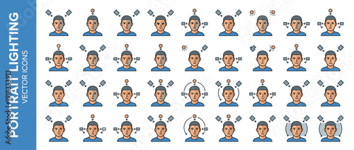 Comprehensive Vector Icon Set of 36 Portrait Photography Lighting Setups for Studio Photographers, Featuring Flat Design Illustrations of Rembrandt, Split, Loop, and Butterfly Light Techniques.