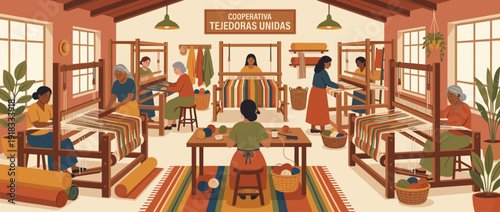 Artisan women weaving colorful striped fabrics on large wooden looms in a traditional cooperative workshop, flat vector illustration of community craft, textile production, and female teamwork.