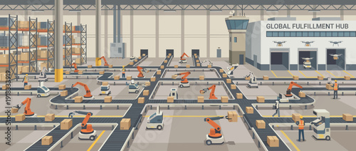 Flat Vector Illustration of a Modern Automated Logistics Fulfillment Center with Conveyor Belts, Robotic Arms, AGVs, Drones, and Workers Managing Global Supply Chain Operations in a Warehouse.