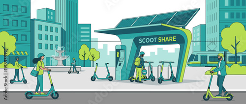 Modern electric scooter sharing station in a city plaza with people riding e-scooters, solar panels, urban buildings, and public transportation, flat vector illustration in teal and lime.