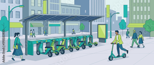 Flat vector illustration of a modern electric scooter sharing station in a city plaza with solar panels, urban commuters using eco-friendly transportation, and people walking in a teal city.