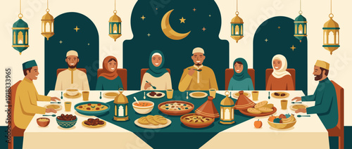 Flat vector illustration of a happy Muslim family and friends gathering for a Ramadan Iftar dinner at a long table filled with traditional food, dates, and decorative lanterns under a crescent moon.