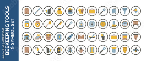 Comprehensive set of 40 flat beekeeping icons for honey harvesting and apiary management. Includes beehives, smokers, protective suits, honey jars, extractors, bees, and honeycomb symbols.