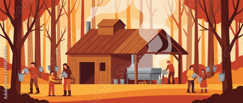 Flat vector illustration of a traditional maple sugaring operation in an autumn forest with people collecting sap in buckets and boiling it in a sugar shack evaporator for syrup production.