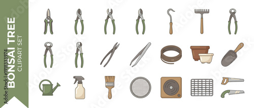 Professional Bonsai Tree Cultivation Tool Icon Set with 20 Flat Design Vector Illustrations of Pruning Shears, Wire Cutters, Root Hooks, Rakes, Pots, Watering Cans, and Essential Gardening Gear.