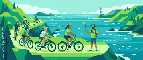 Flat vector illustration of a modern electric bike tour group exploring a scenic coastal cycling path with a lighthouse, ocean views, and green hills, representing active travel and tourism.
