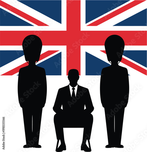 British government meeting with prime minister and guards silhouetted against union jack