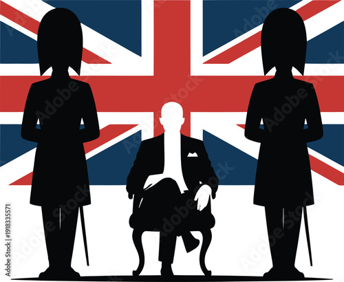 British monarchy silhouette with royal guards and union jack flag background illustration