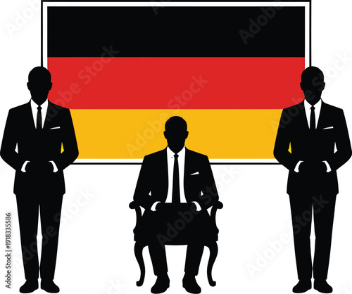 European politician silhouette sitting in chair with guards and german flag vector design