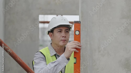 Wallpaper Mural Construction concept of 4k resolution. Asian male engineer using ruler to measure water level at construction site, measuring balance of building parts. Torontodigital.ca