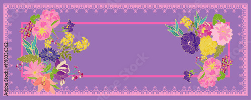 Floral Scarf Vector Design, Pastel Lilac Pattern with Lace Border, Elegant Shawl Illustration