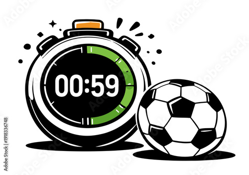 Soccer match countdown timer vector illustration. Digital countdown timer with soccer ball. Flat vector illustration representing countdown before match, kickoff time and sports anticipation.