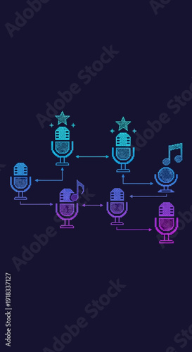 Digital Podcasting and Music Production Microphones Connected with Audio Waves and Stars on Dark Blue Background