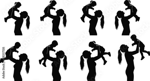 Black silhouette set of mother lifting baby, happy motherhood moments, parent and child bonding, family love, isolated on white,