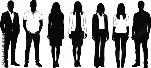 Black silhouette set of professional men and women, business people standing, corporate team group, casual and formal clothing, isolated,