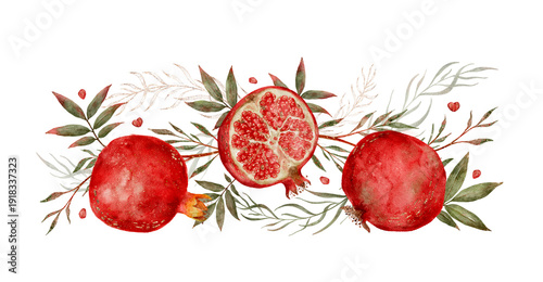 Foto Beautiful watercolor illustration featuring ripe red pomegranates with lush green leaves and branches