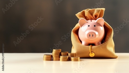 Piggy bank and bag with money and gold coins. The concept of a good investment or a good savings. Template Copy space for text 