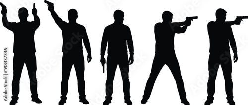 Black silhouette set of men aiming handguns, tactical shooting poses, pistol firing range, security training, military action, isolated on white,