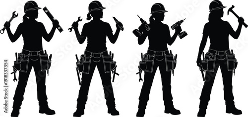 Female construction worker silhouette set, woman builder in hard hat, handyman with tools, carpenter, repair girl, industrial safety, isolated on white,