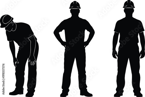 Black construction worker silhouette set, engineer in hard hat, builder contractor poses, safety helmet gear, industrial labor icons, isolated on white,