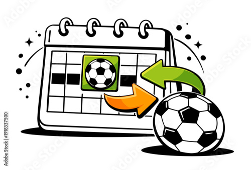 Soccer match rescheduled calendar vector illustration. Football calendar with arrows and soccer ball. Flat vector illustration representing match reschedule, date change and updated sports schedule.