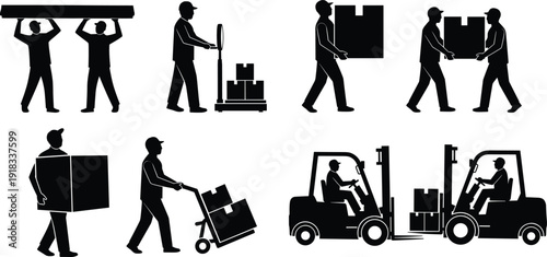 Set of warehouse worker silhouettes carrying boxes using forklifts and hand trucks for logistics delivery shipping and industrial supply chain