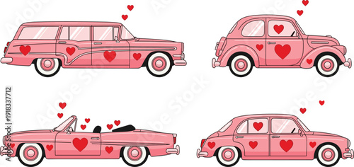 Set of pink vintage retro cars decorated with red hearts including station wagon sedan and convertible for Valentines Day wedding romantic