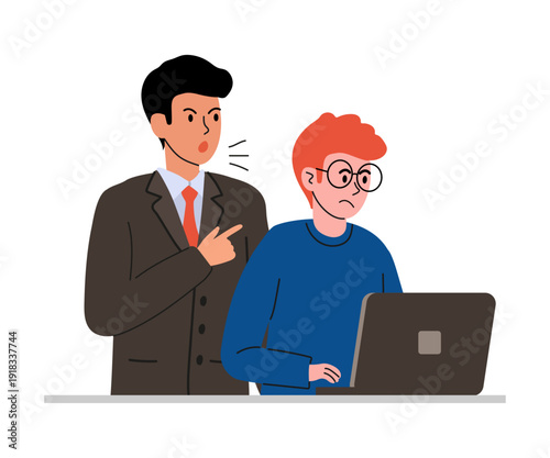 Strict boss scolds subordinate. Stress at work doodle vector illustration with authority conflict. Two men, one works on laptop.