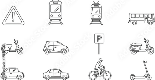 Set of urban transportation line icons including electric car bus scooter train bicycle motorcycle parking sign and traffic warning symbols