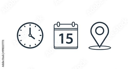 Clean line icons of a calendar with date 15 and a location pin, representing events, schedules, and specific points of interest on an isolated white background.