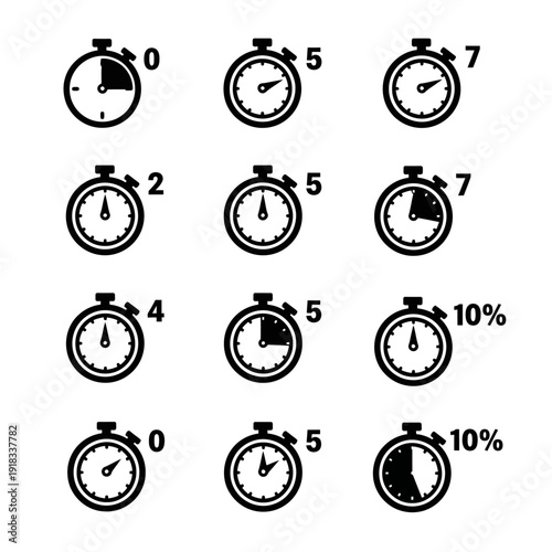 Set of black stopwatch icons indicating various time measurements and percentage progress on an isolated white background.