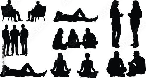 Set of people silhouettes in various poses including sitting standing talking relaxing meditating and lying down for lifestyle and community design