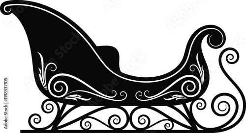 Ornate Christmas Sleigh Silhouette Collection, Isolated Black Vector Icons with Decorative Swirls, Festive Winter Holiday Elements for Greeting Card Graphic Design