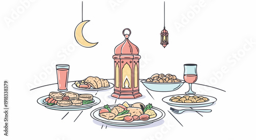 Traditional Ramadan Iftar Table with Food, Lantern, and Crescent Moon, Islamic Dinner Concept Vector
