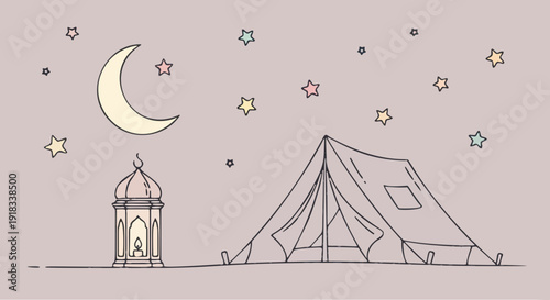 Ramadan Night Camping Scene with Traditional Lantern, Tent, Crescent Moon and Stars