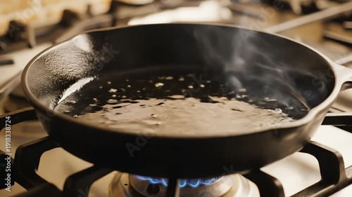 Close up of a cast iron skillet heating on a gas stove top