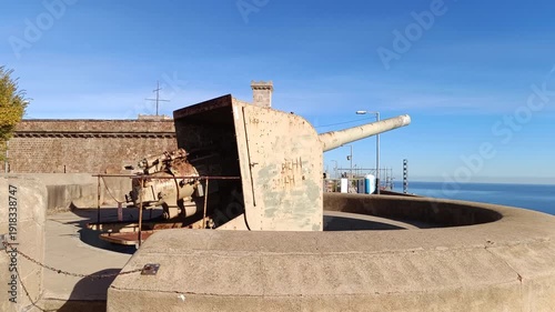  Panoramic cityscape of the barcelona harbor from the anti-aircraft battery at Montjuic Castle, Barcelona, Spain
